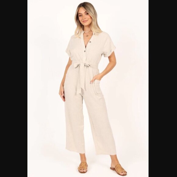 Petal & Pup Archie Oat Linen Belted Jumpsuit L - Picture 1 of 12